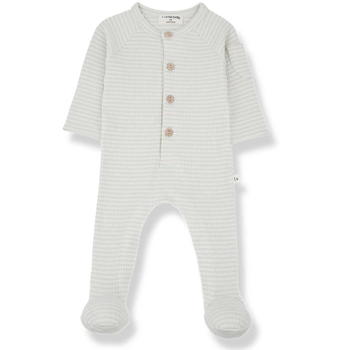 The Guim Jumpsuit from 1+ in the Family. A cozy, long-sleeved footed romper with a gingham pattern. Features a button-up front.