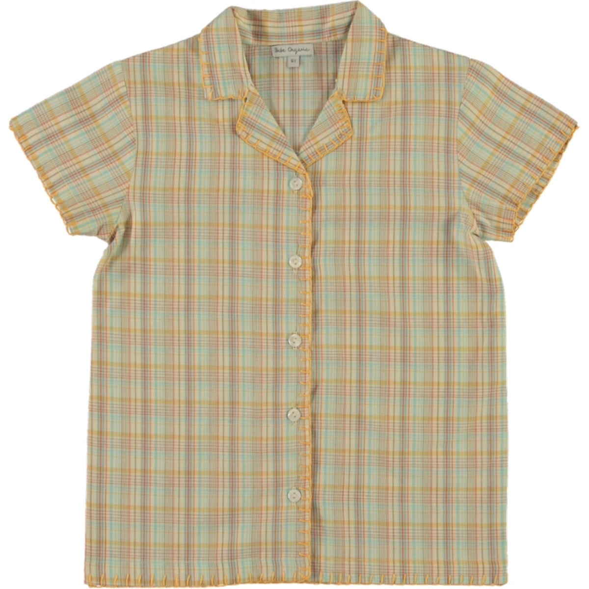 The Gio Shirt from Bebe Organic. Multicolor plaid shirt with short sleeves and buttons down.