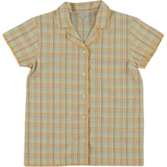 The Gio Shirt from Bebe Organic. Multicolor plaid shirt with short sleeves and buttons down.