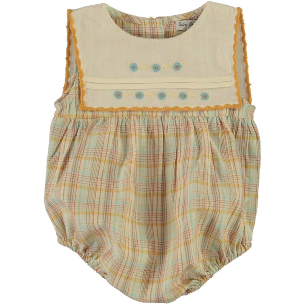 The Giulia Romper by Bebe Organic, pastel plaid baby romper with embroidered bib panel, scalloped trim, and elastic legs.