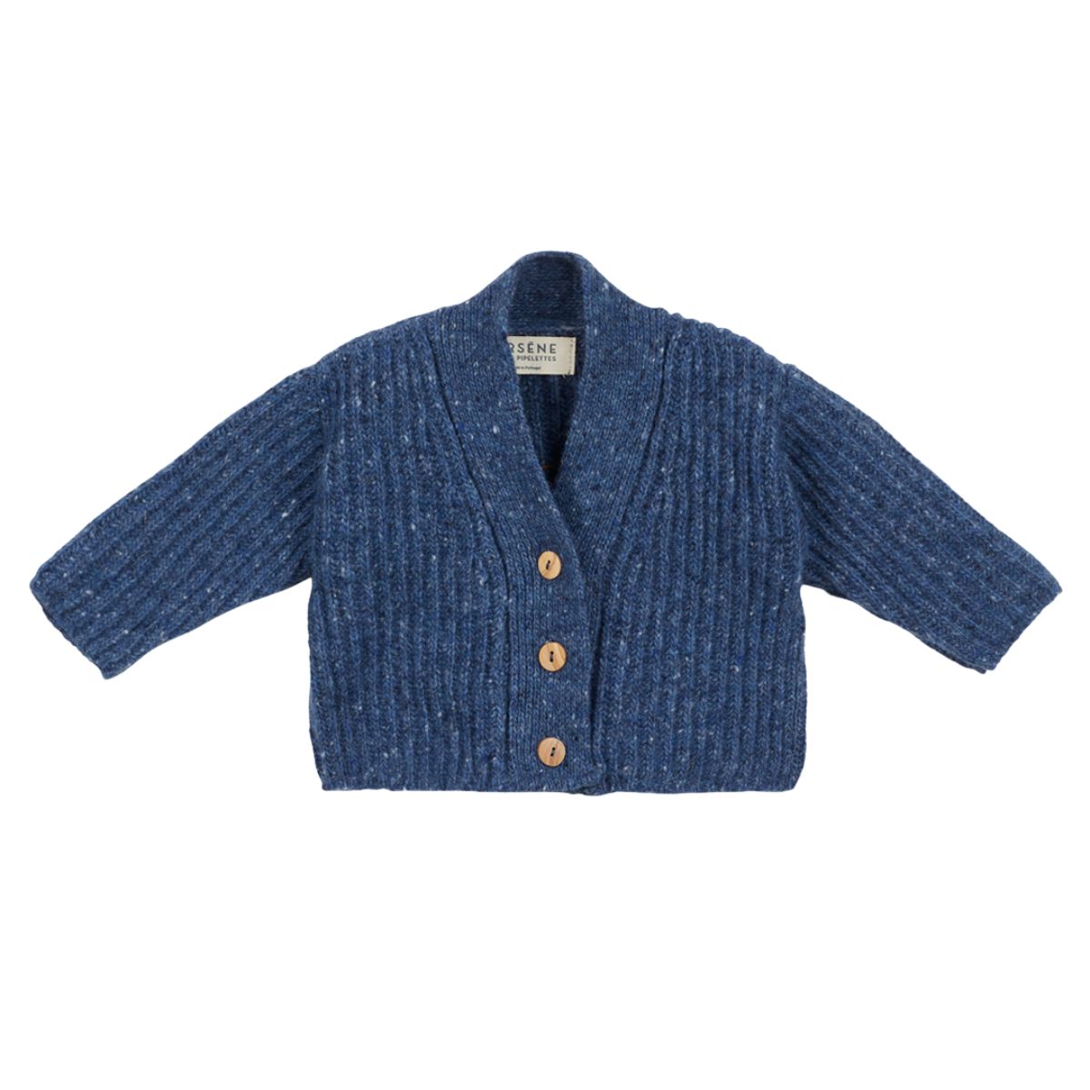 Baby V Cardigan from Arsene et Les Pipelettes. Chunky rib knitted stitch. “V” neck, long sleeves.