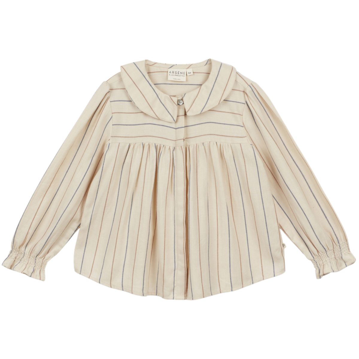 Striped Blouse from Arsene et Les Pipelettes. Fine striped flannel. Long sleeves with smocked cuffs. Peter pan collar.