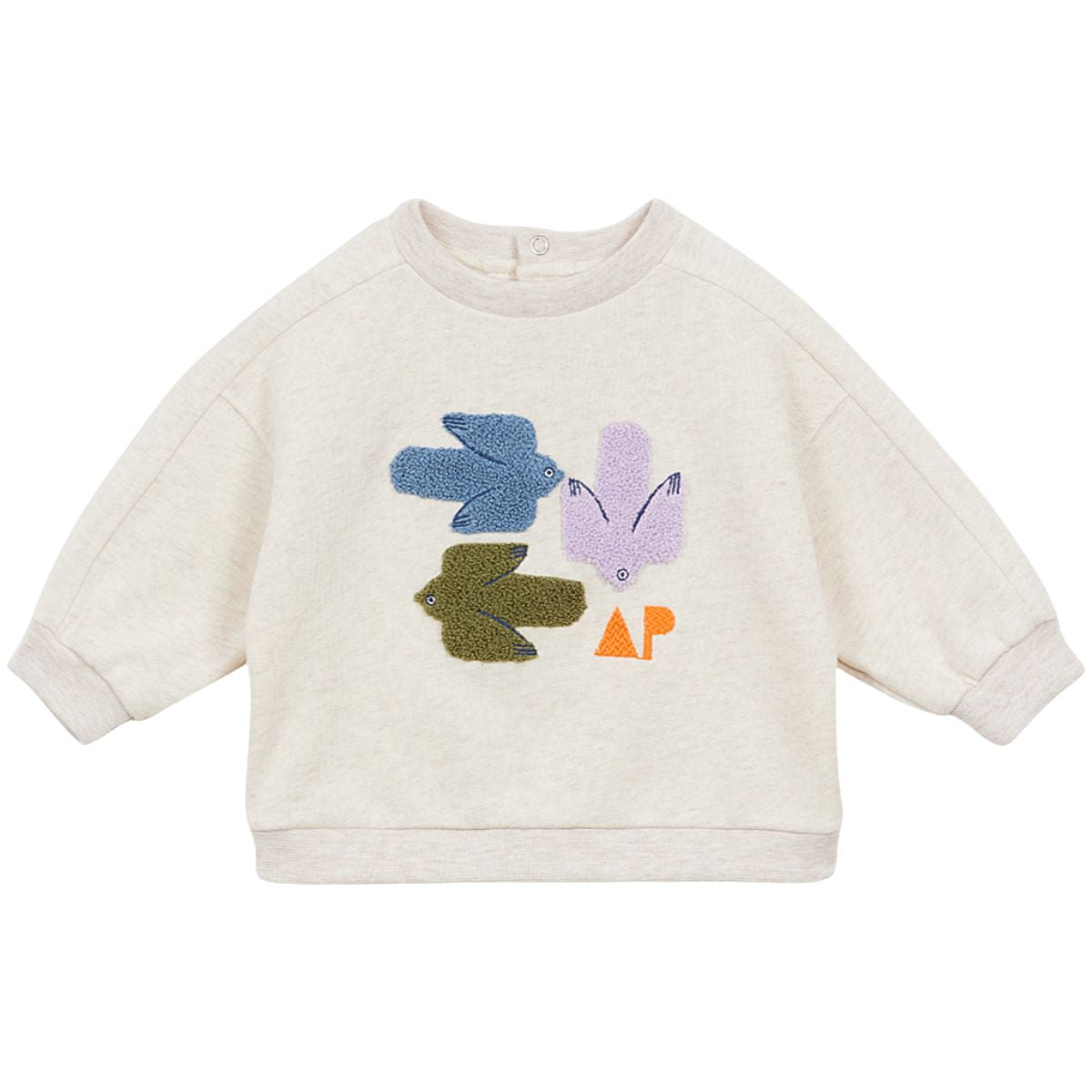 The Baby Sweatshirt Birds from Arsene et Les Pipelettes. Brushed cotton fleece. Birds" embroidery in terry on the front.