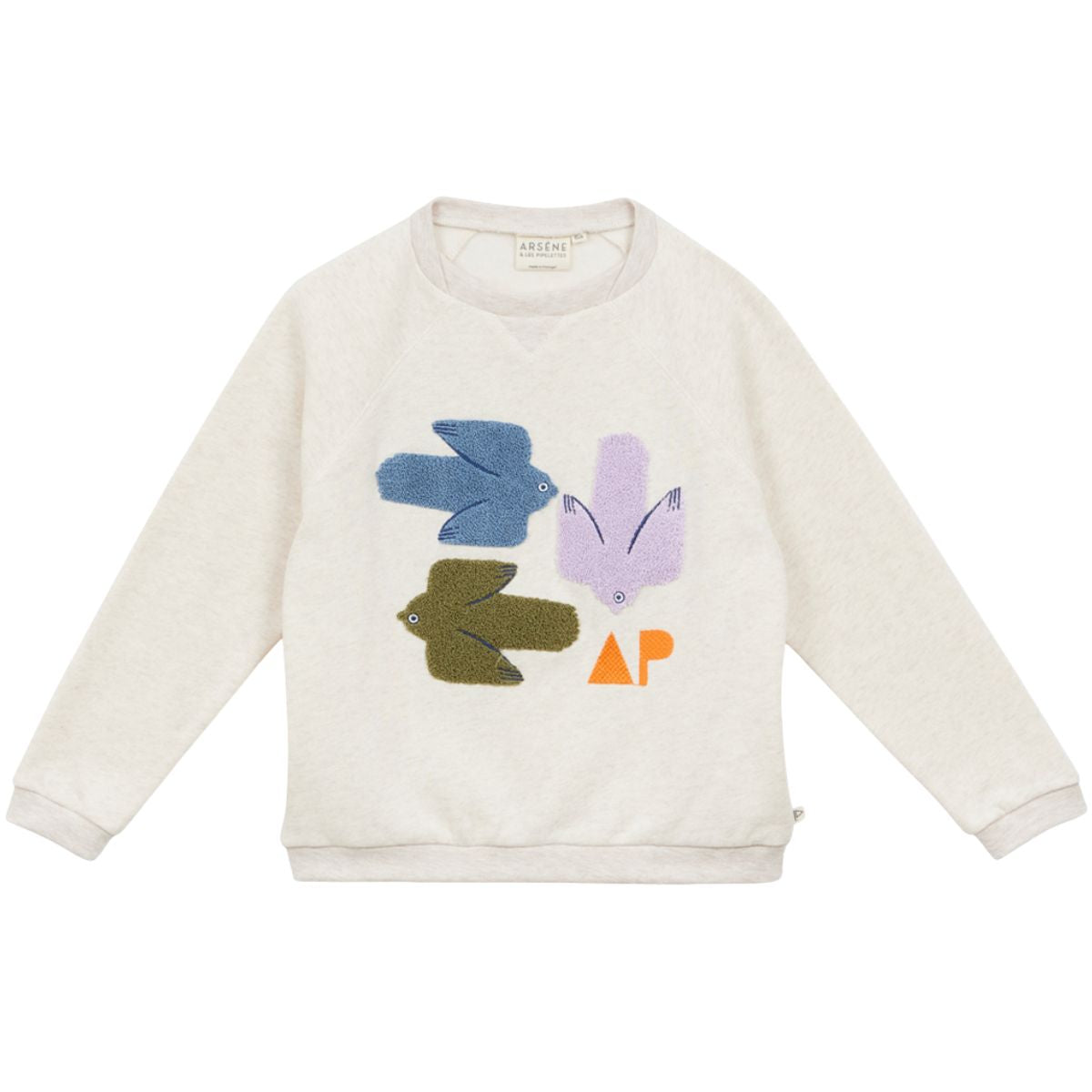 The Bird Sweatshirt from Arsene et Les Pipelettes. Children's sweatshirt with colorful birds embroidery.