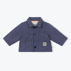 Navy blue and beige striped baby's jacket with a beige faux fur lining  and navy buttons by designer Arsene et les Pipelettes