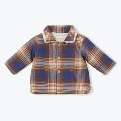 Brown, blue and beige plaid overshirt with faux fur lining by designer Arsene et les Pipelettes