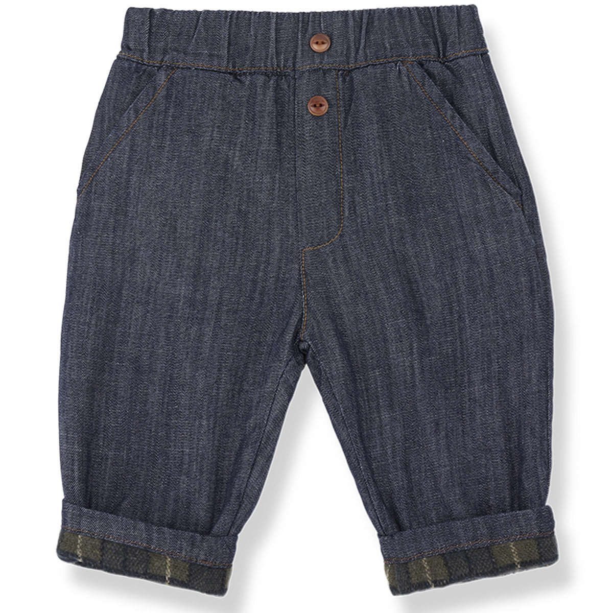 The Huron Pants from 1+ in the Family in dark denim with an elastic waist and plaid-lined cuffs.