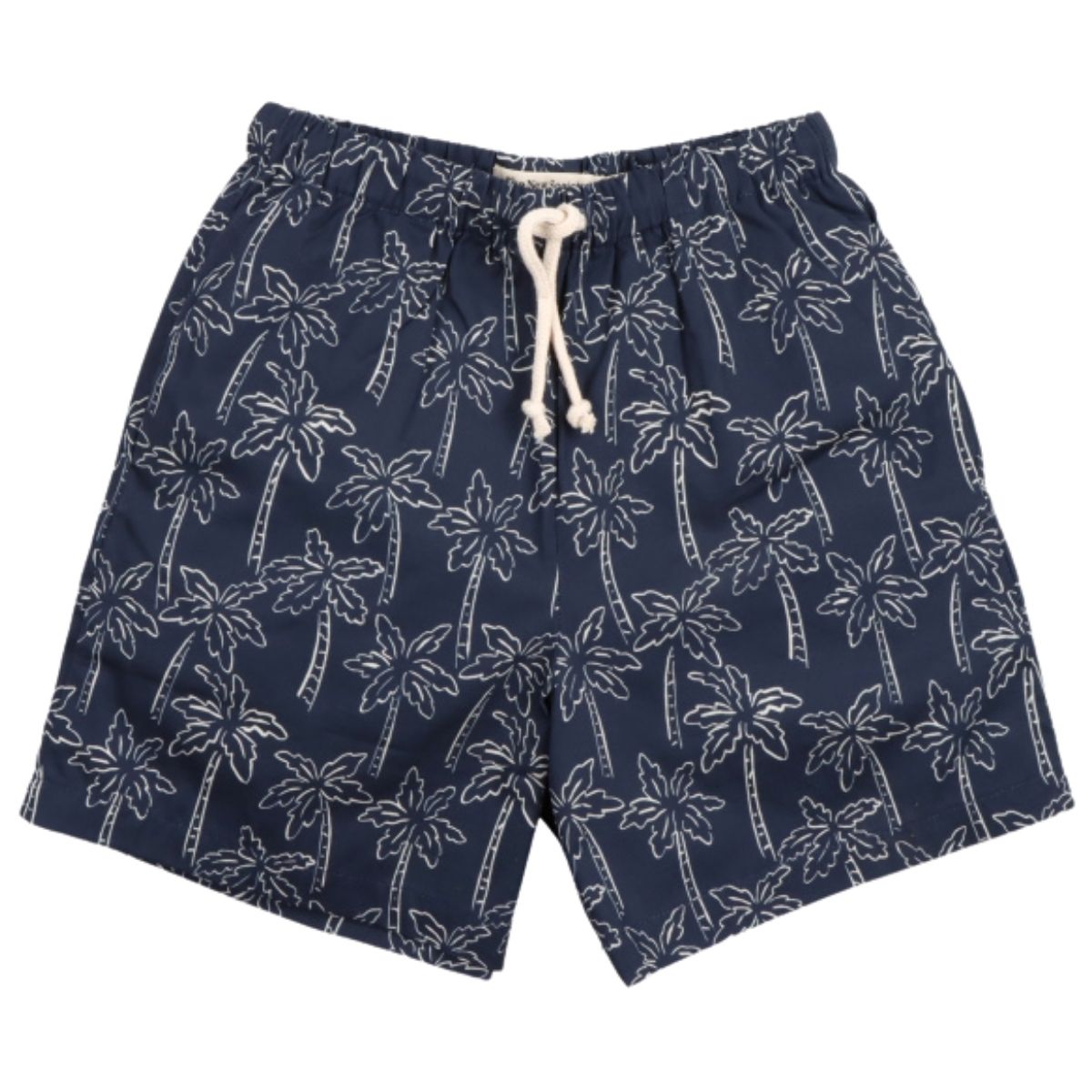 The Ithaki Bermuda from The New Society in 100% cotton with Palms Navy print, elastic waistband, and adjustable drawstring.
