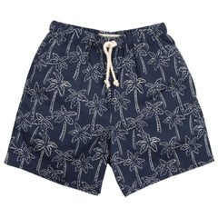 The Ithaki Bermuda from The New Society in 100% cotton with Palms Navy print, elastic waistband, and adjustable drawstring.