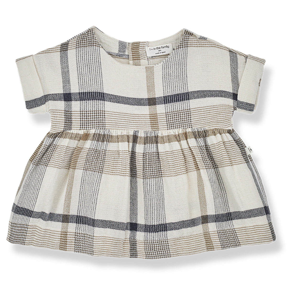 The Josephine Short Sleeve Dress from 1 + in the Family. Sweet baby dress in a check double face fabric.
