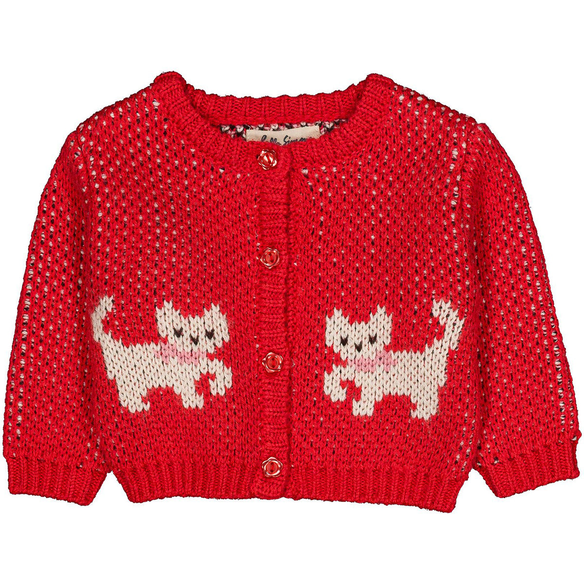 Jeannette Baby Cardigan by Hello Simone with front jacquard and ballooned sleeves.