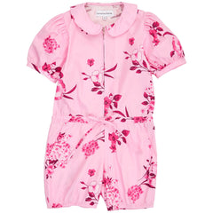 Christina Rohde pink floral jumpsuit with Peter Pan collar, puff sleeves, zip front, and waist tie for girls.