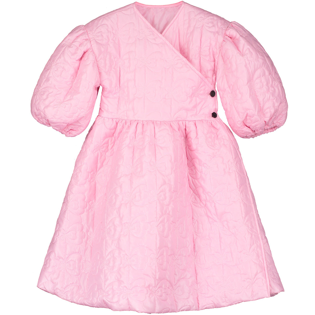 The Bjork Dress from Little Creative Factory in pink with a quilted butterfly pattern and puff sleeves.