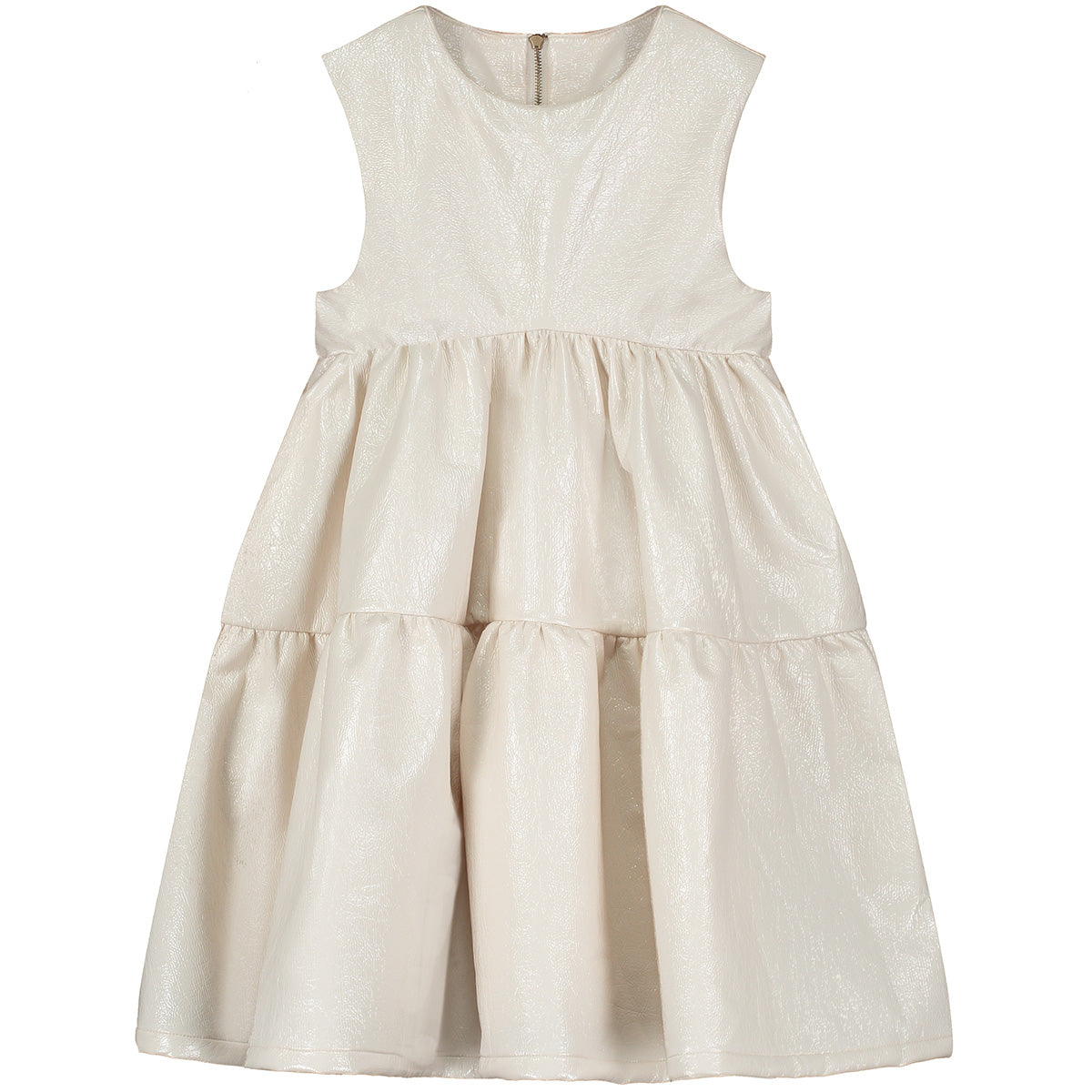 Electra Apron Dress by Little Creative Factory off white sleeveless tiered girls dress with shimmer finish and gathered waist