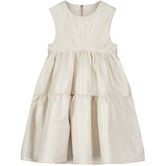 Electra Apron Dress by Little Creative Factory off white sleeveless tiered girls dress with shimmer finish and gathered waist