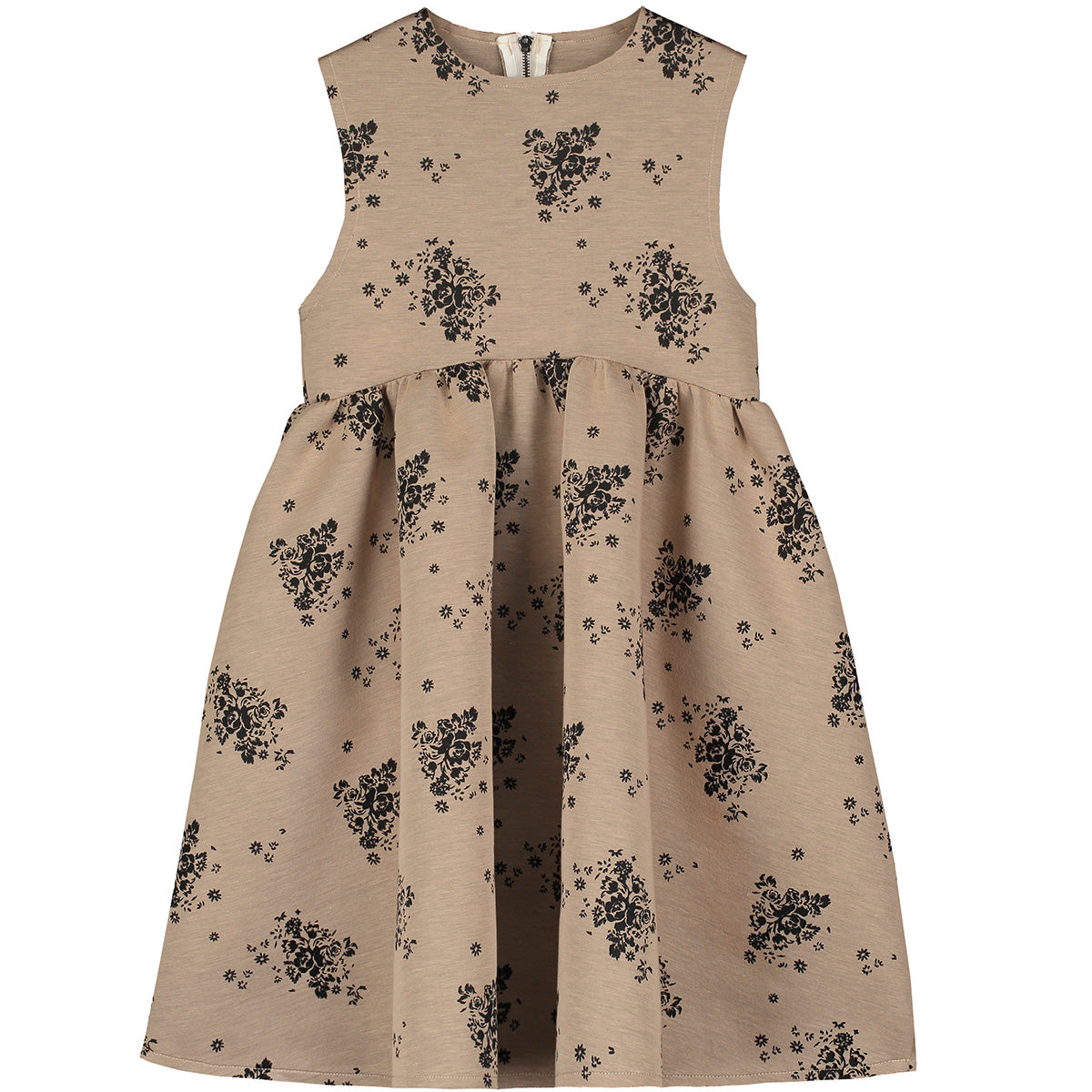 Rosa Dress by Little Creative Factory beige girls dress with black floral print, gathered waist and flared skirt