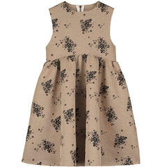 Rosa Dress by Little Creative Factory beige girls dress with black floral print, gathered waist and flared skirt
