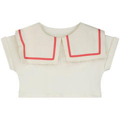 The Odissey Crop Sweatshirt from Little Creative Factory with sailor collar, coral piping, and cropped cream silhouette.