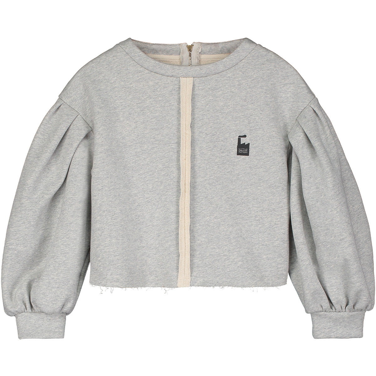 The Jaki Balloon Sweatshirt from Little Creative Factory in gray with balloon sleeves and a back zipper.