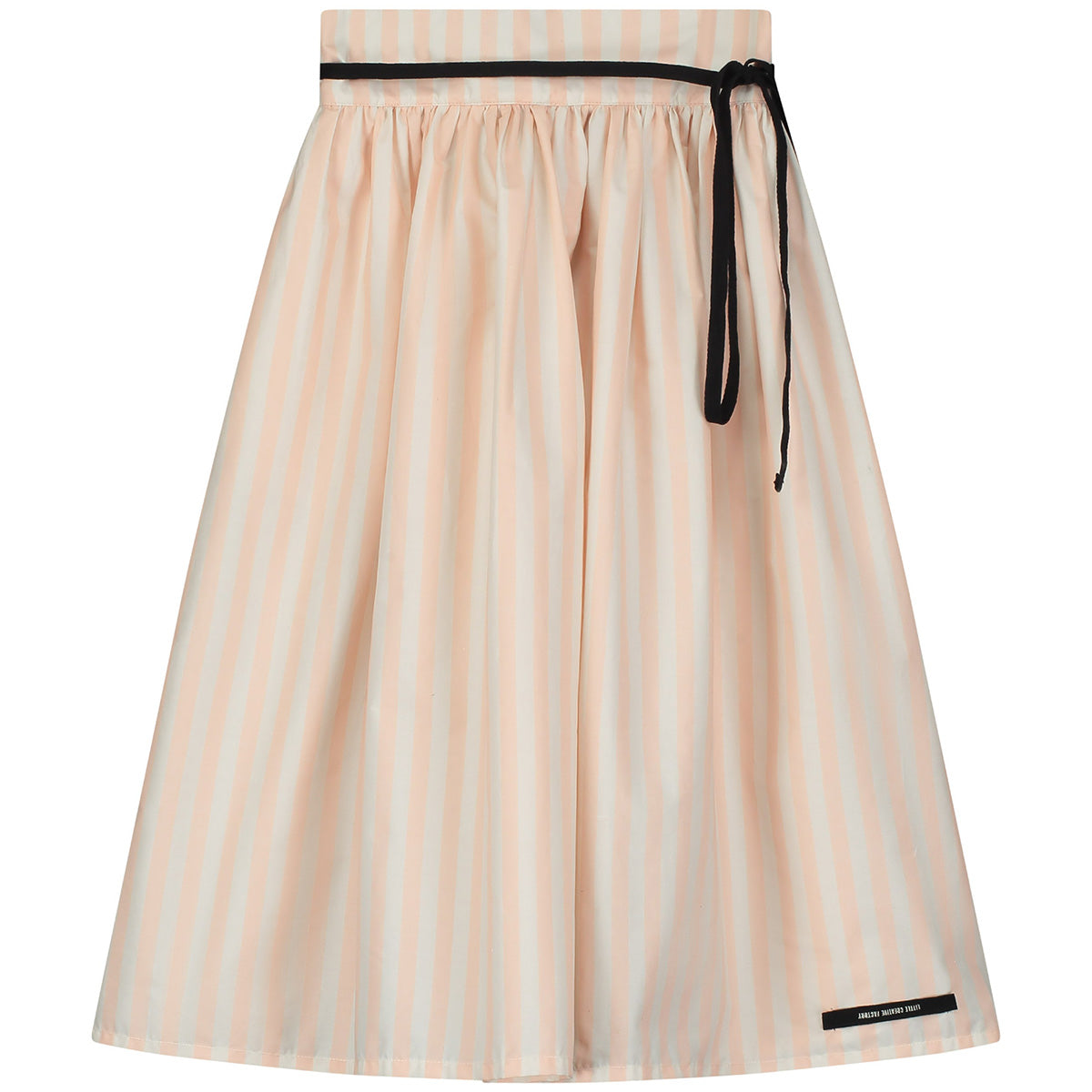 The Anchor Skirt from Little Creative Factory peach striped midi skirt with gathered waist and black tie detail.