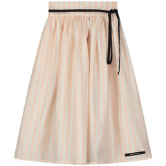 The Anchor Skirt from Little Creative Factory peach striped midi skirt with gathered waist and black tie detail.