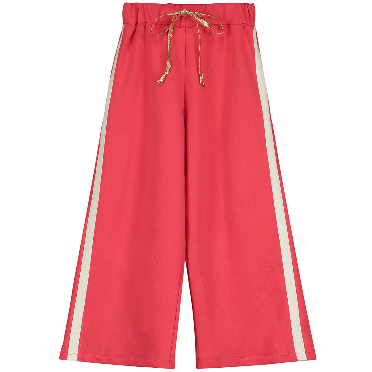 The Red Sweatpants from Little Creative Factory. Vibrant red straight leg pants with single cream stripe on each side.