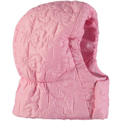 The Bjork Blaclava from Little Creative Factory in pink with a quilted butterfly pattern and hood.