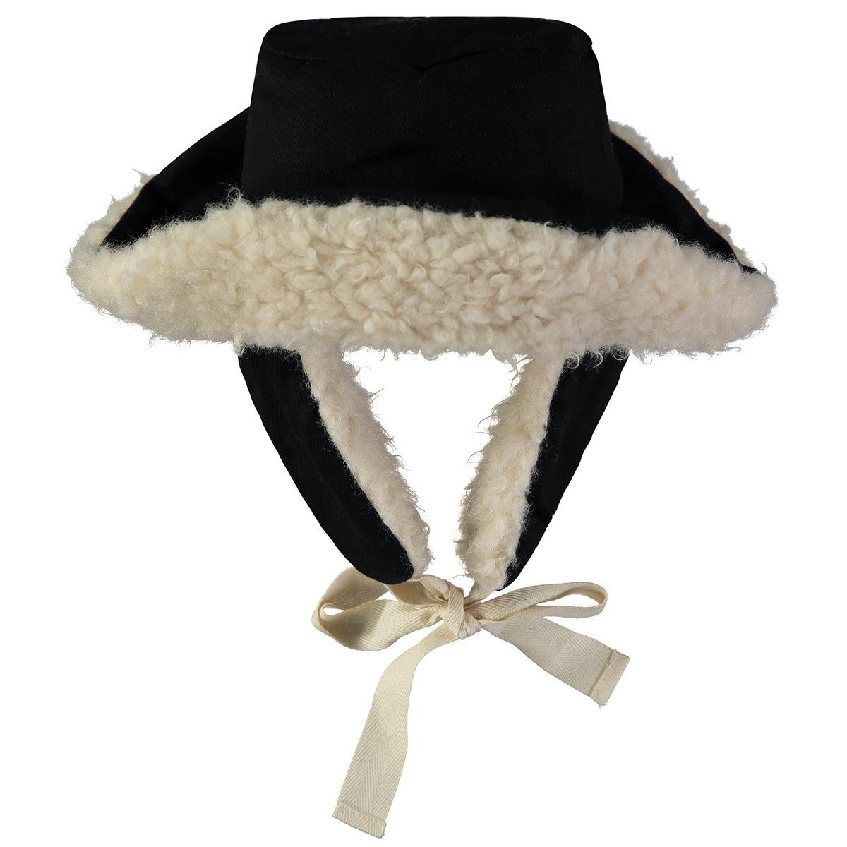 Denim Hat by Little Creative Factory. Black shearling trapper hat featuring a fleece lining, ear flaps, tie straps.