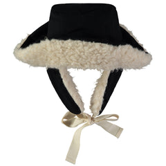 Denim Hat by Little Creative Factory. Black shearling trapper hat featuring a fleece lining, ear flaps, tie straps.