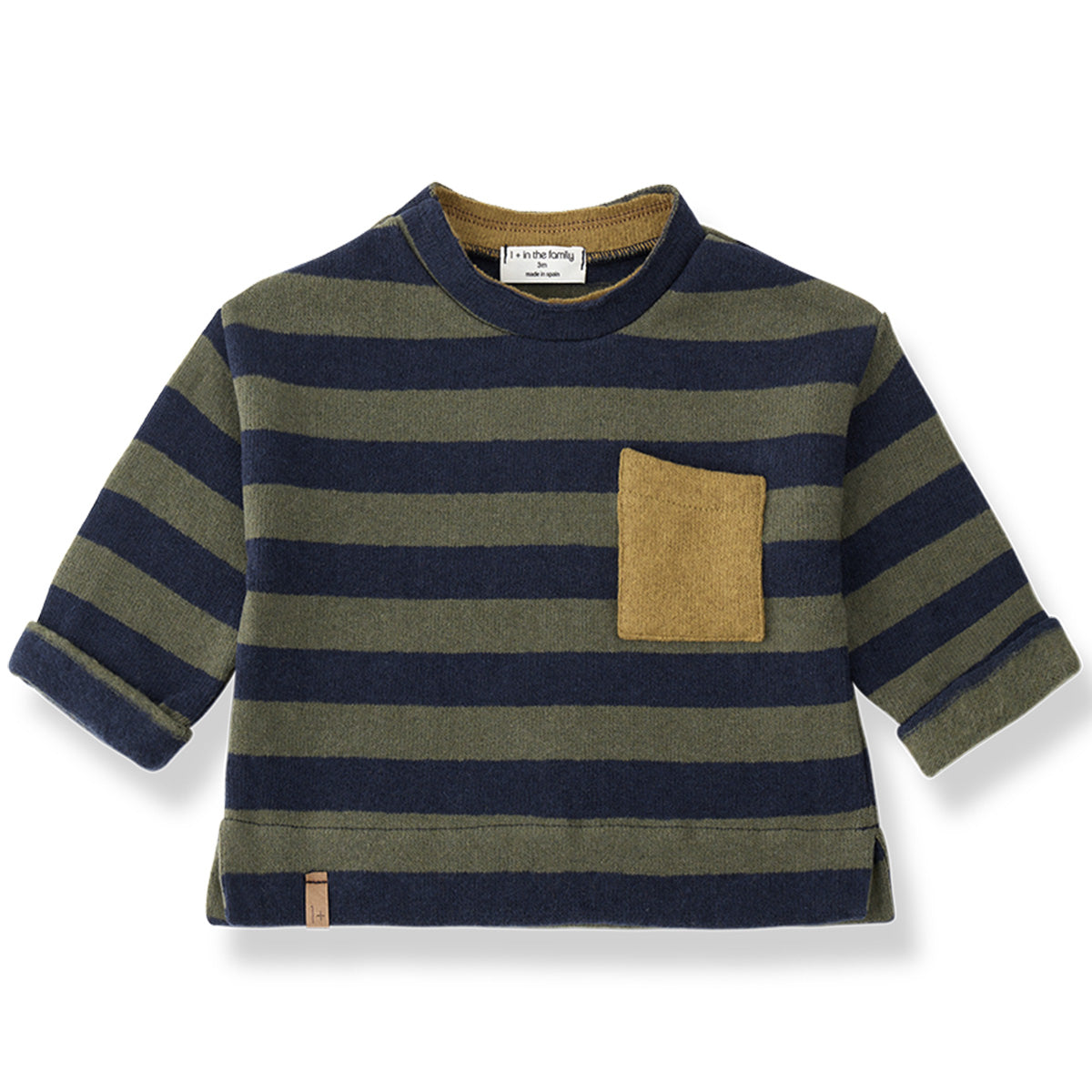 1+ in the Family The Kasba Sweater with navy and olive stripes and tan chest pocket