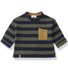 1+ in the Family The Kasba Sweater with navy and olive stripes and tan chest pocket
