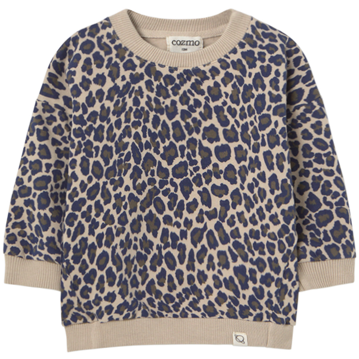 The Kelly Sweatshirt from Cozmo. Leopard print sweater with beige trim on a white background.