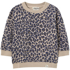 The Kelly Sweatshirt from Cozmo. Leopard print sweater with beige trim on a white background.
