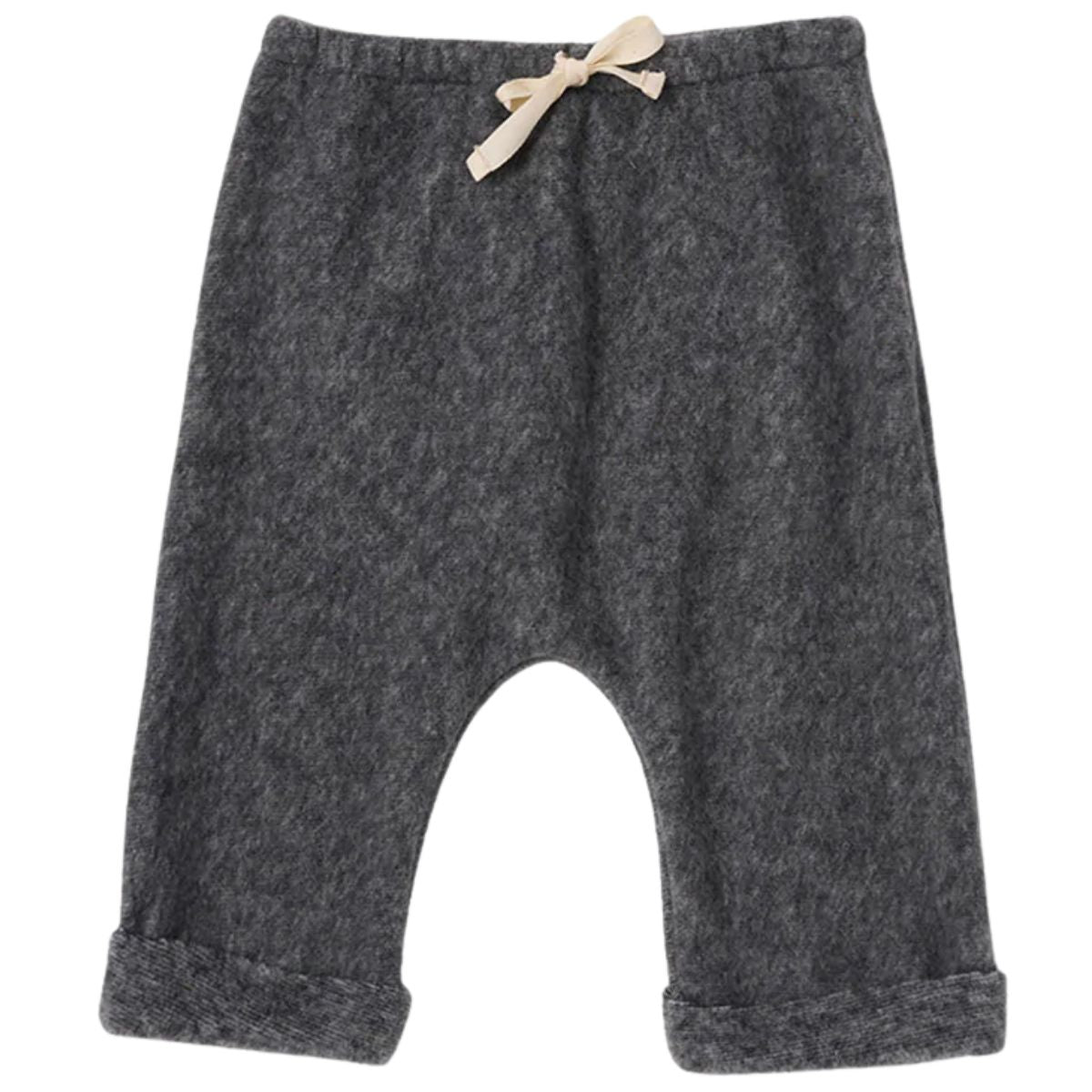 The Kin Pants from Cozmo. Gray baby pants with a drawstring on a white background.