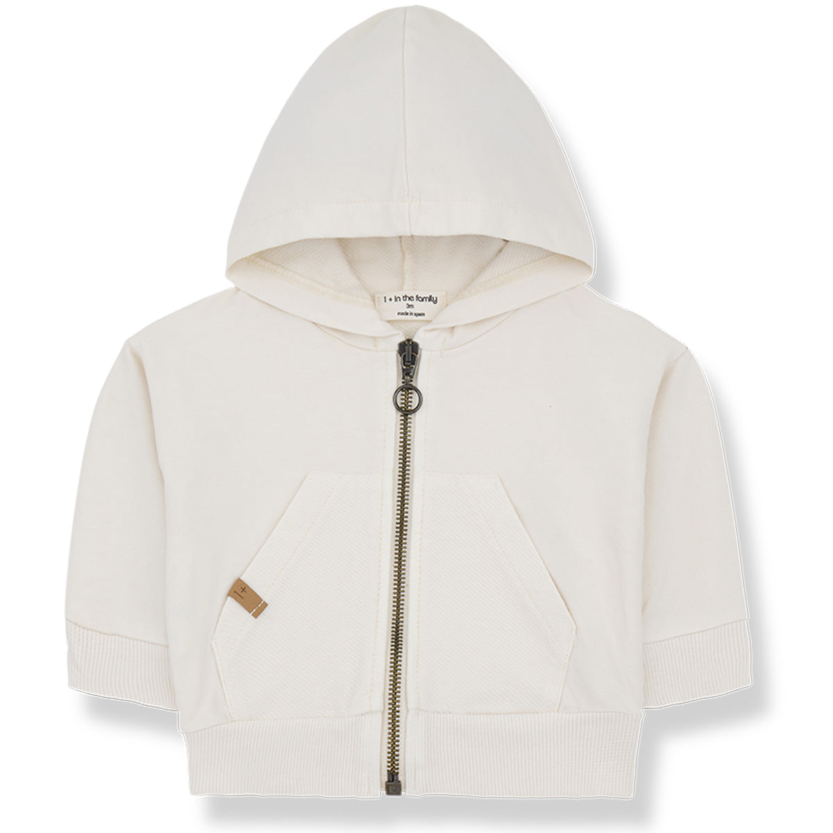 The Koldo Hood Jacket from 1+ in the Family. A cozy baby hoodie with a zip-up front, kangaroo pockets.