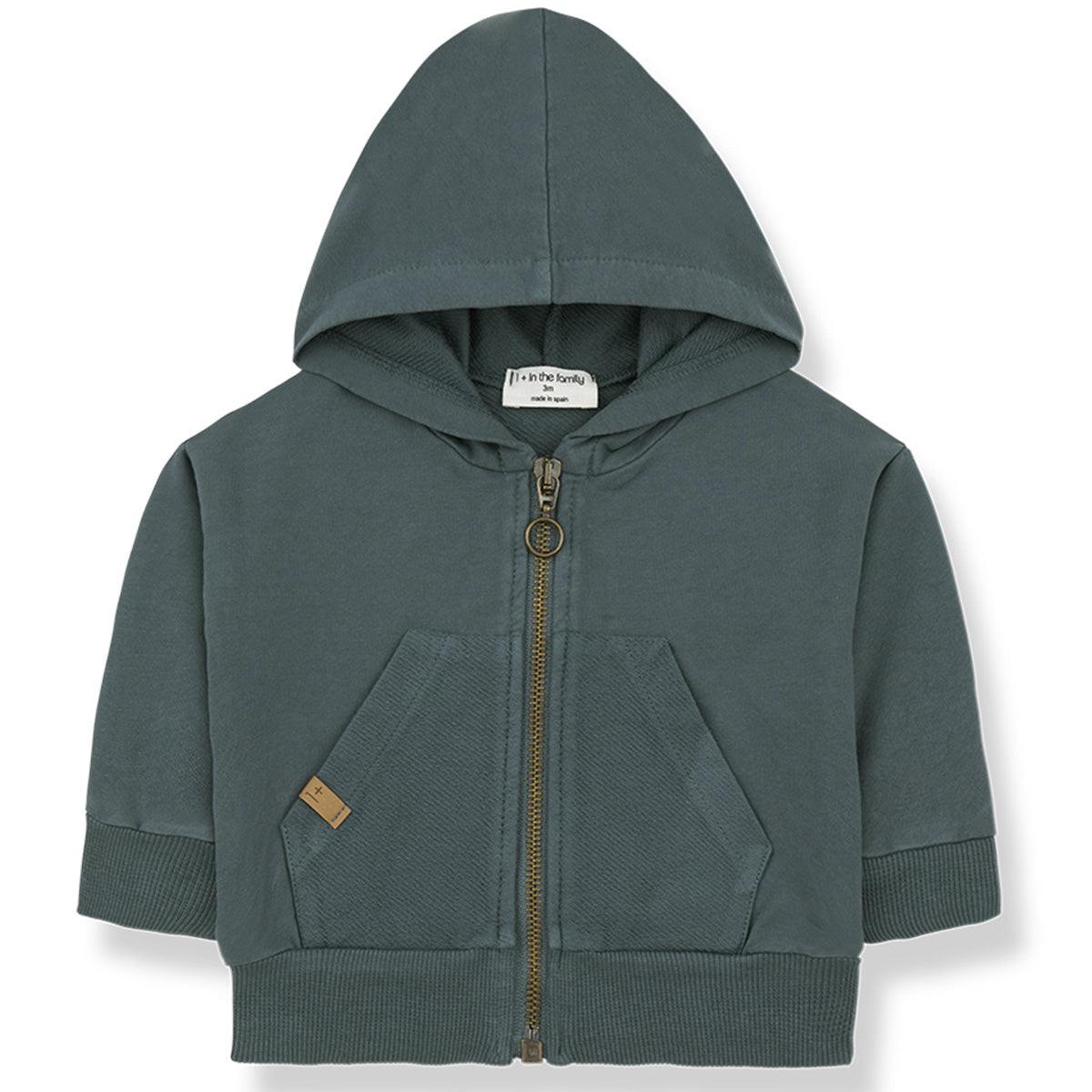 The Koldo Hood Jacket from 1+ in the Family. A cozy baby hoodie with a zip-up front, kangaroo pockets.