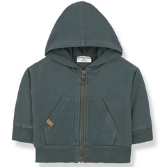 The Koldo Hood Jacket from 1+ in the Family. A cozy baby hoodie with a zip-up front, kangaroo pockets.