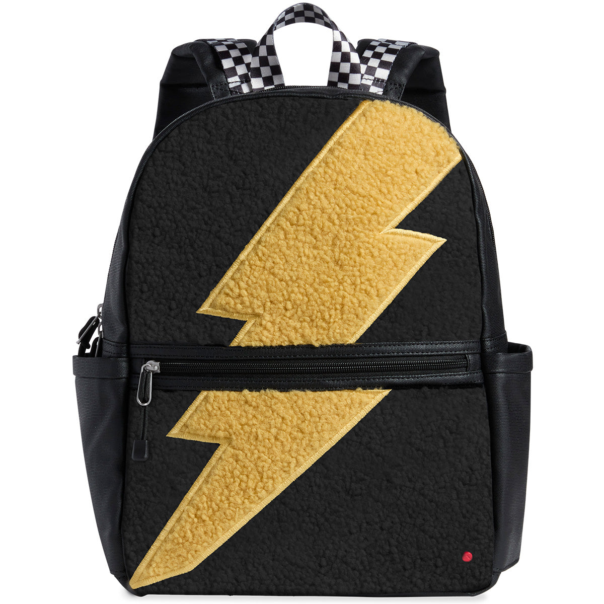 State Bags Kane Backpack in black with gold lightning bolt print, side pockets, and checkered top handle