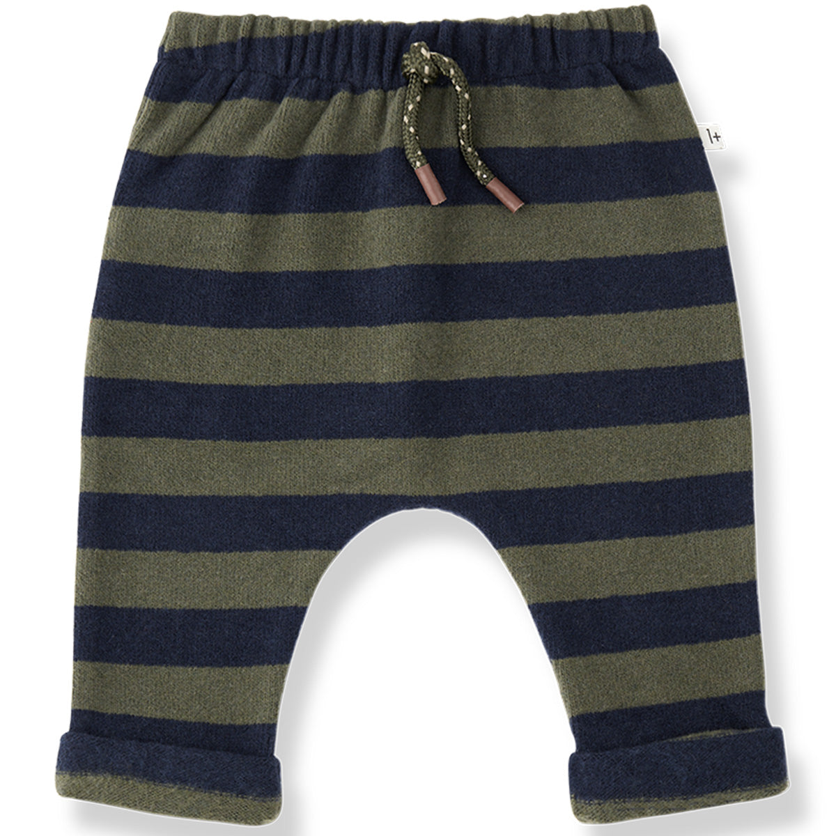 1+ in the Family The Labrador Pants in navy and olive striped knit with drawstring