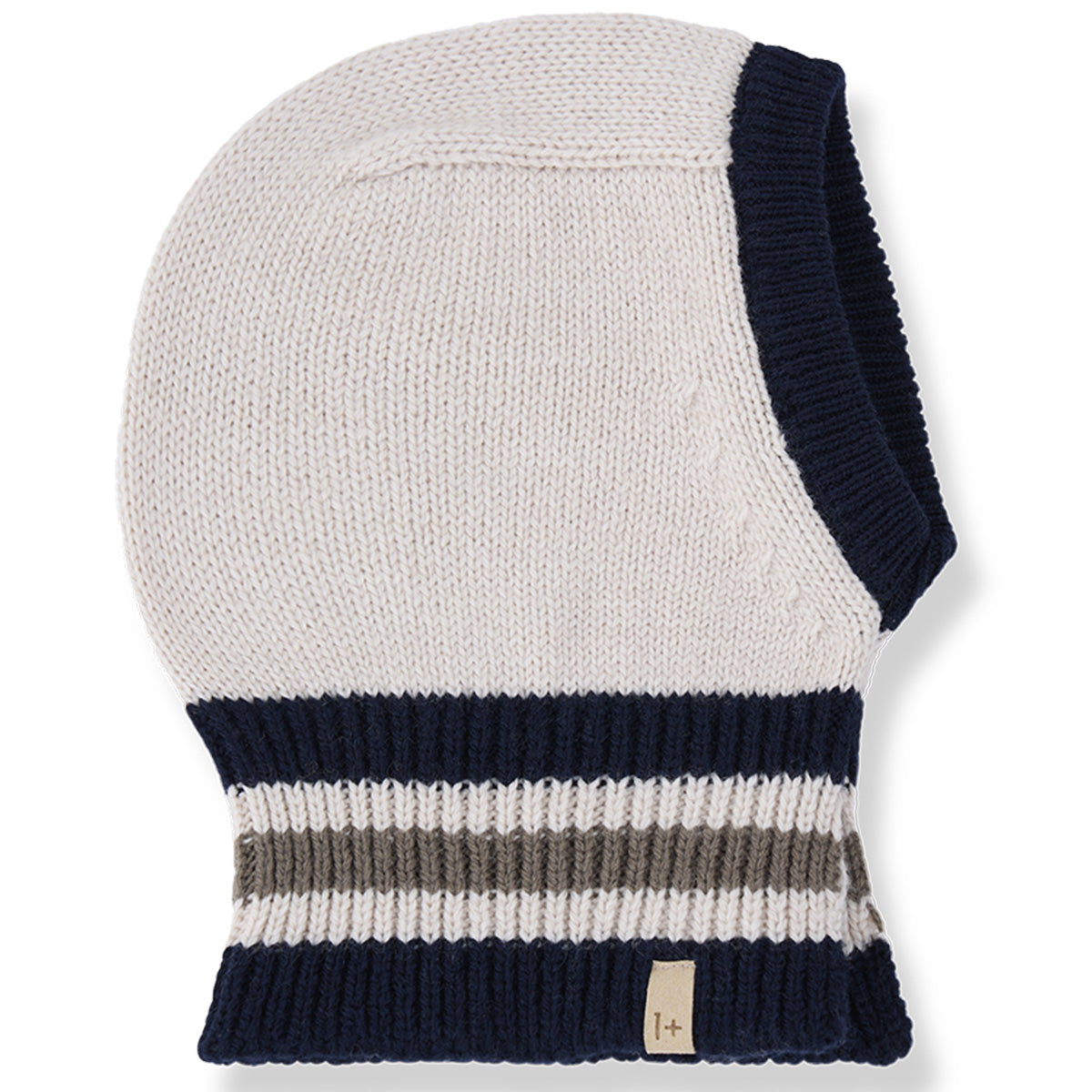 1+ in the Family The Lecce Balaclava in off-white and navy striped knit with ribbed cuff