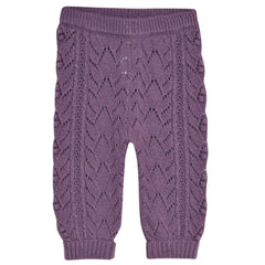 The Lila Baby Pant from The New Society. Purple knitted baby pants with a diamond pattern on a white background.