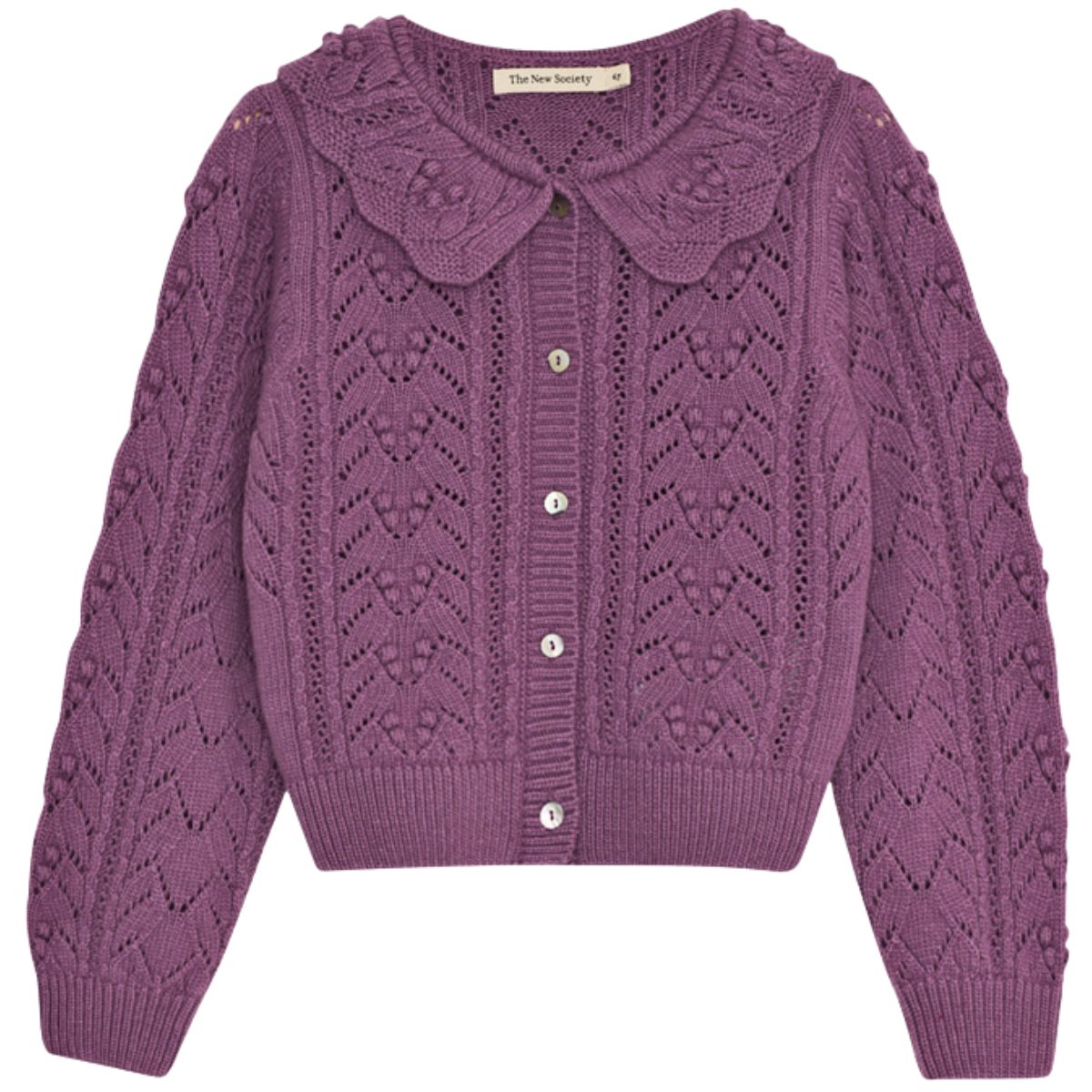 The Lila Cardigan from The New Society. Featuring an elegant knit pattern and a ribbed collar detail.