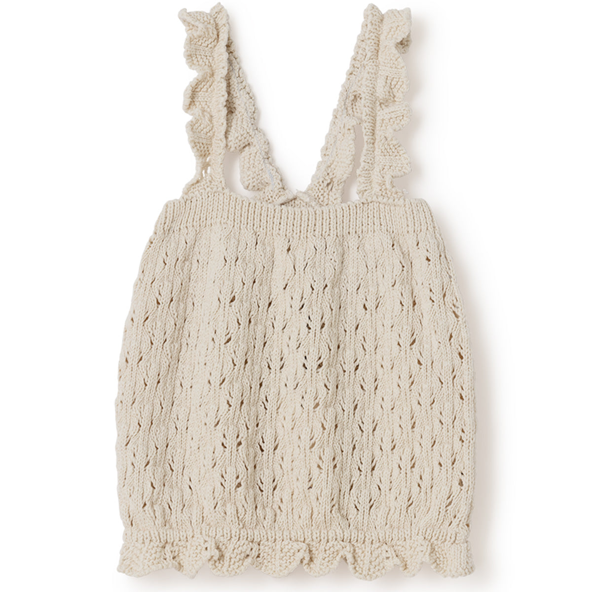 The Lily Top by Cozmo: Ivory openwork tricot knit baby top with ruffled straps and scalloped hem.