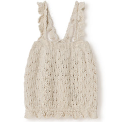 The Lily Top by Cozmo: Ivory openwork tricot knit baby top with ruffled straps and scalloped hem.