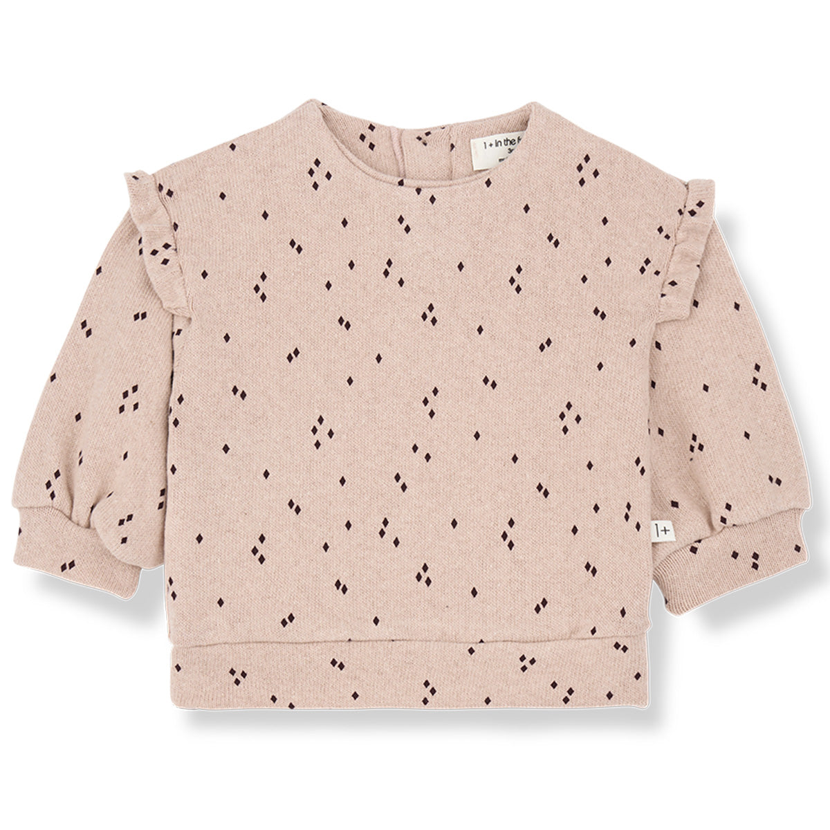 Line Sweater from 1+ in the Family. Soft nude baby sweatshirt with a subtle diamond print, ruffled shoulder details.