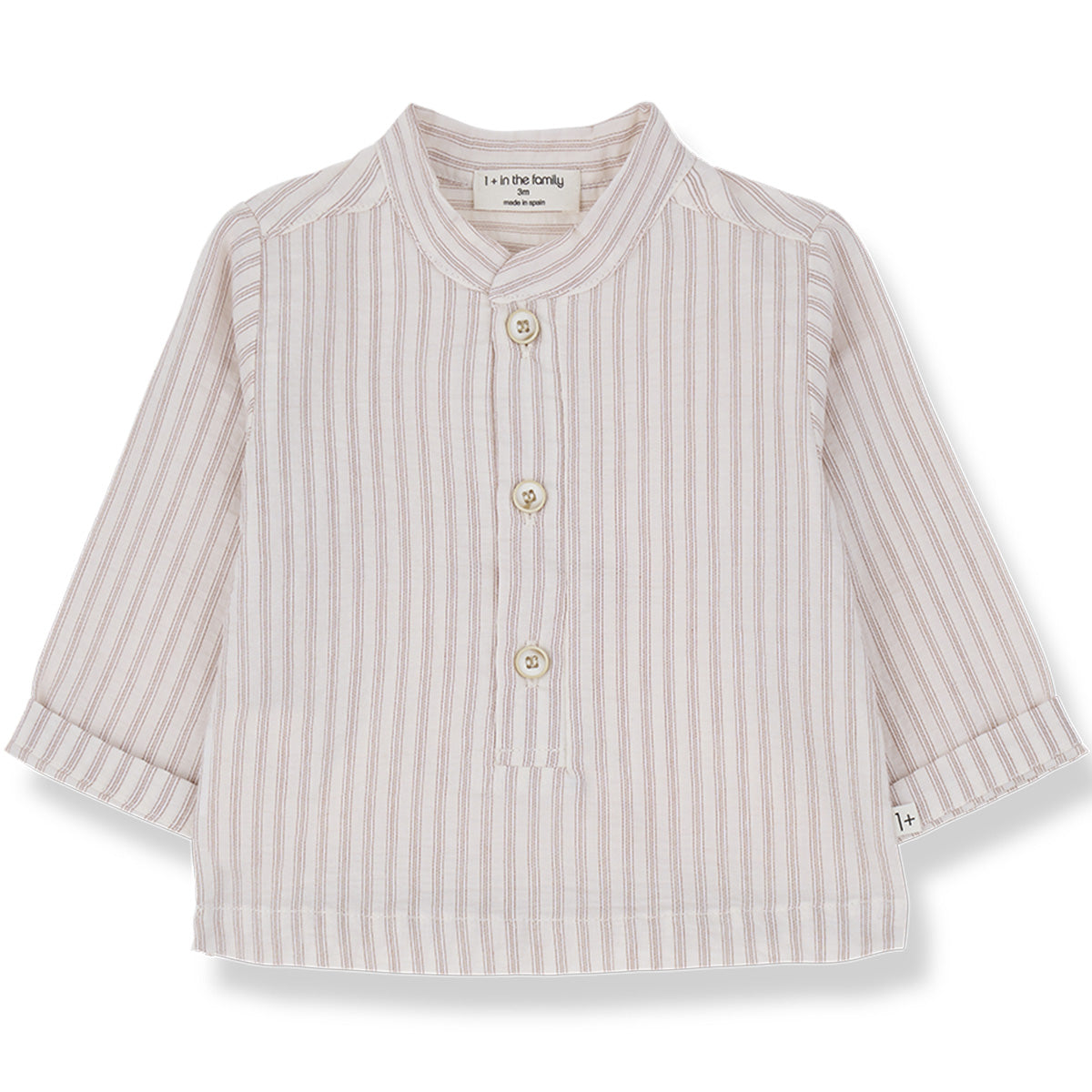 The Lloret Shirt from 1+ in the Family with rose vertical stripes, long sleeves, stand collar, and front buttons.