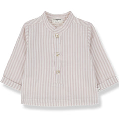 The Lloret Shirt from 1+ in the Family with rose vertical stripes, long sleeves, stand collar, and front buttons.
