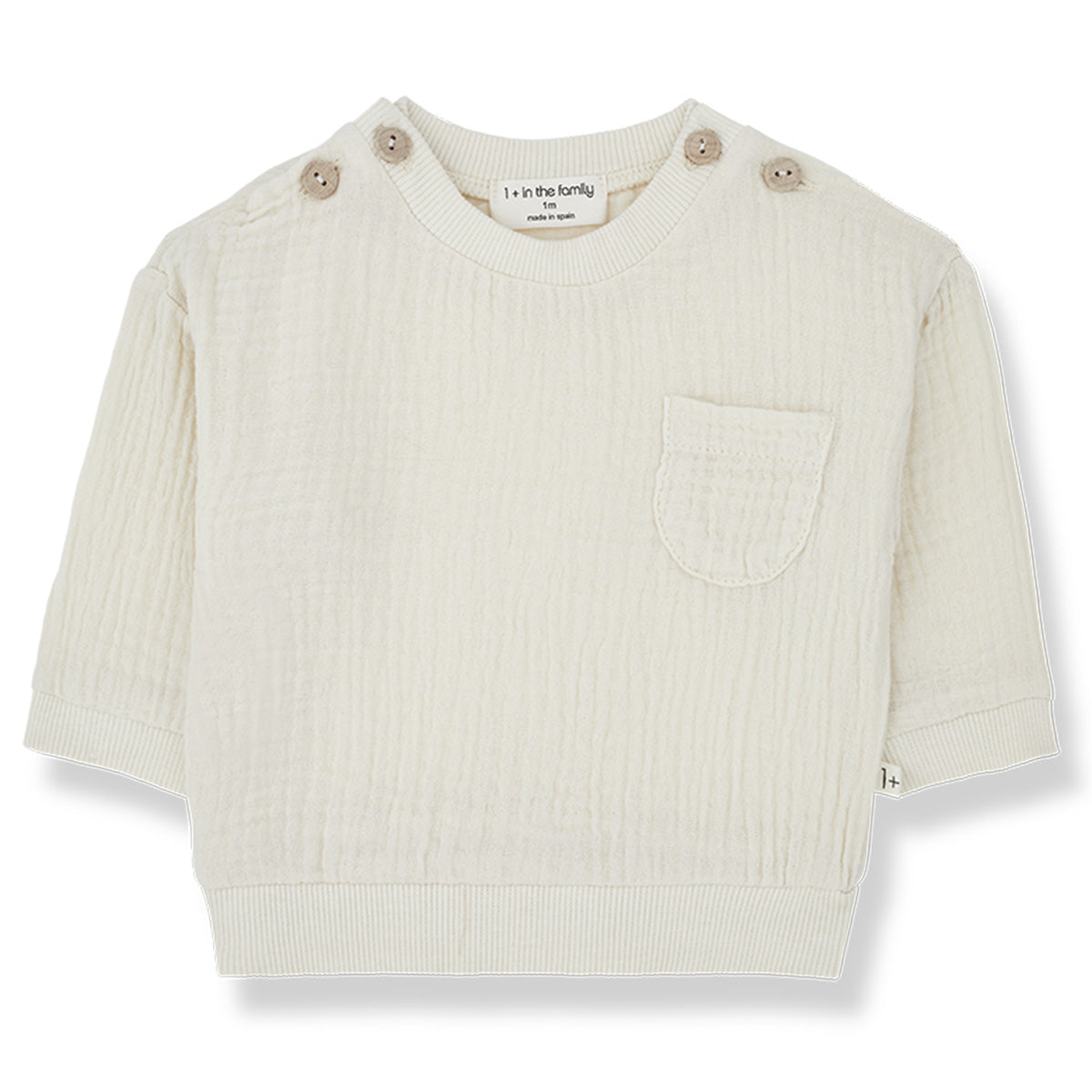 The Lorenzo Sweater from 1 + in the Family. Muslin fabric, Crew neck, Long sleeves, Button on the shoulders