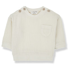 The Lorenzo Sweater from 1 + in the Family. Muslin fabric, Crew neck, Long sleeves, Button on the shoulders