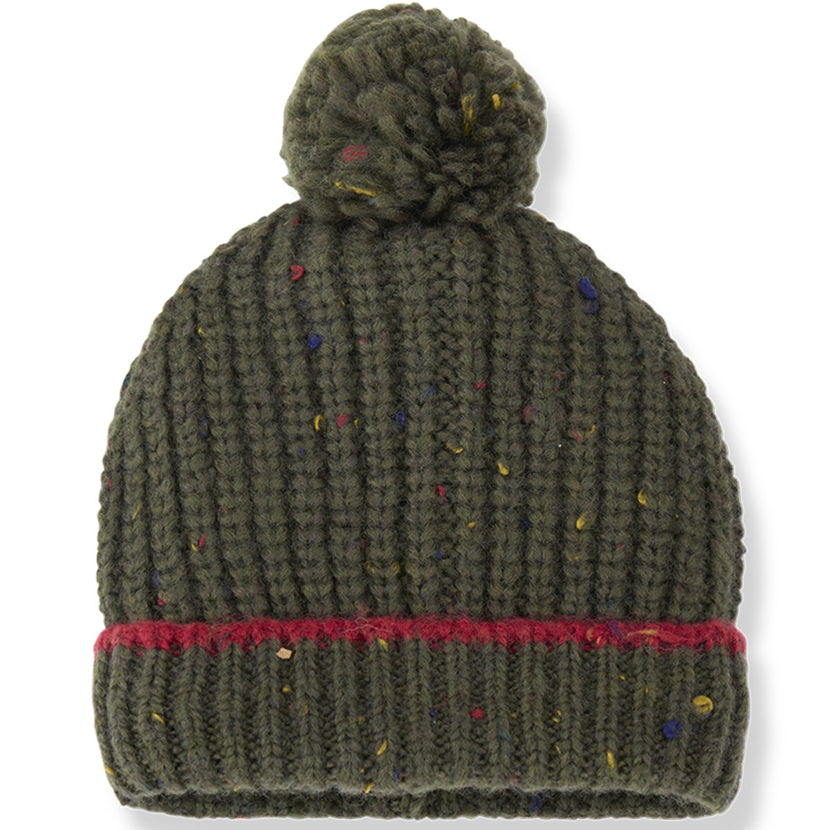 1+ in the Family The Louise Beanie olive green ribbed knit pom-pom hat with red brim